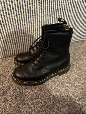 Dr. Martens Lace-Up Combat Boots with Yellow Stitching